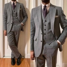 Men's Gray Herringbone Wool Blend Suit Vintage Business Style Formal Workwear