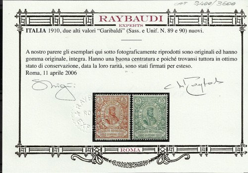 1910 Italia Regno Garibaldi e plebiscito meridionale Nuovo MNH** cert Raybaudi - Imagen 2 de 2