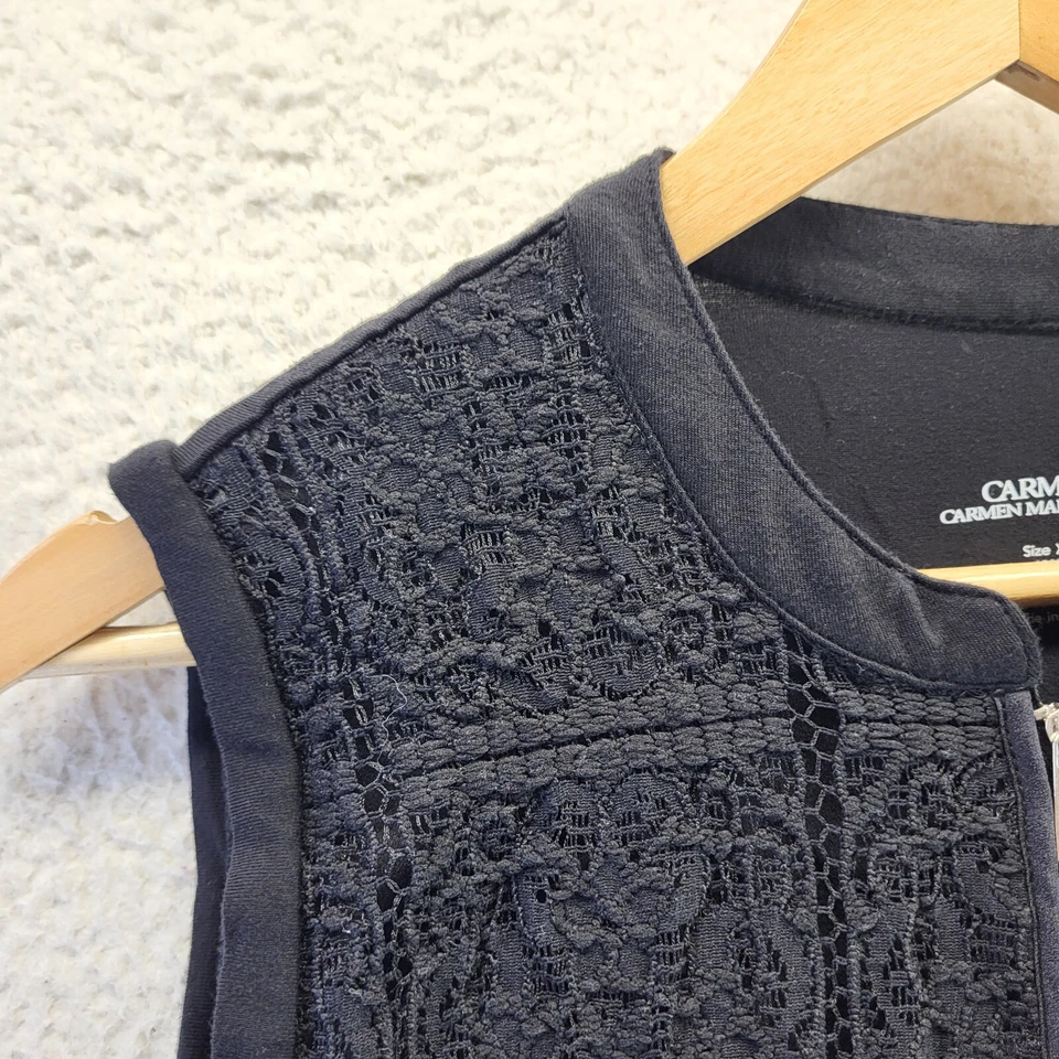 Blusa sin mangas Carmen Marc Valvo 1/4 cremallera encaje para mujer XL negra Foto 2 de 4