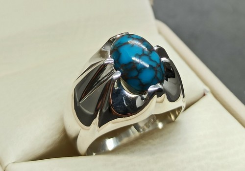 Anello stella uomo Feroza fatto a mano argento sterling 925 turchese egiziano naturale 6 ct - Foto 4 di 12