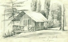 Antico disegno a matita Casa di Poche a Lignon, paesaggio