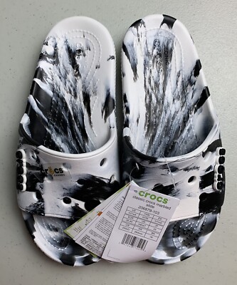 Crocs Classic Marbled Slides White & Black Men's 7 Women s 9 Sandals Shoes NWT