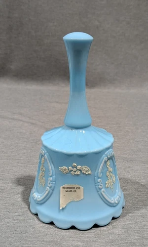 Westmoreland Light Blue Milk Glass Bell Hand Painted Floral Artist Signed 1978