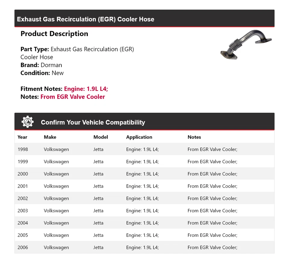 Manguera de refrigeración para Volkswagen Jetta 1998-2006 1,9 L L4 Dorman EGR 1999 2000 2001 Foto 2 de 4