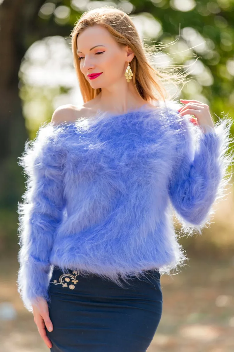 Fuzzy blue mohair sweater light soft top hand knit fluffy jumper by  SuperTanya