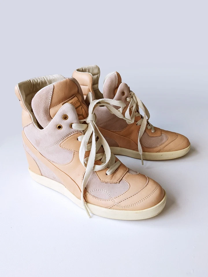 ALEXANDER MCQUEEN X PUMA Pink & Tan 'Ofeya' High Top Wedge Heel Trainers, UK 4 - Image 3 of 4