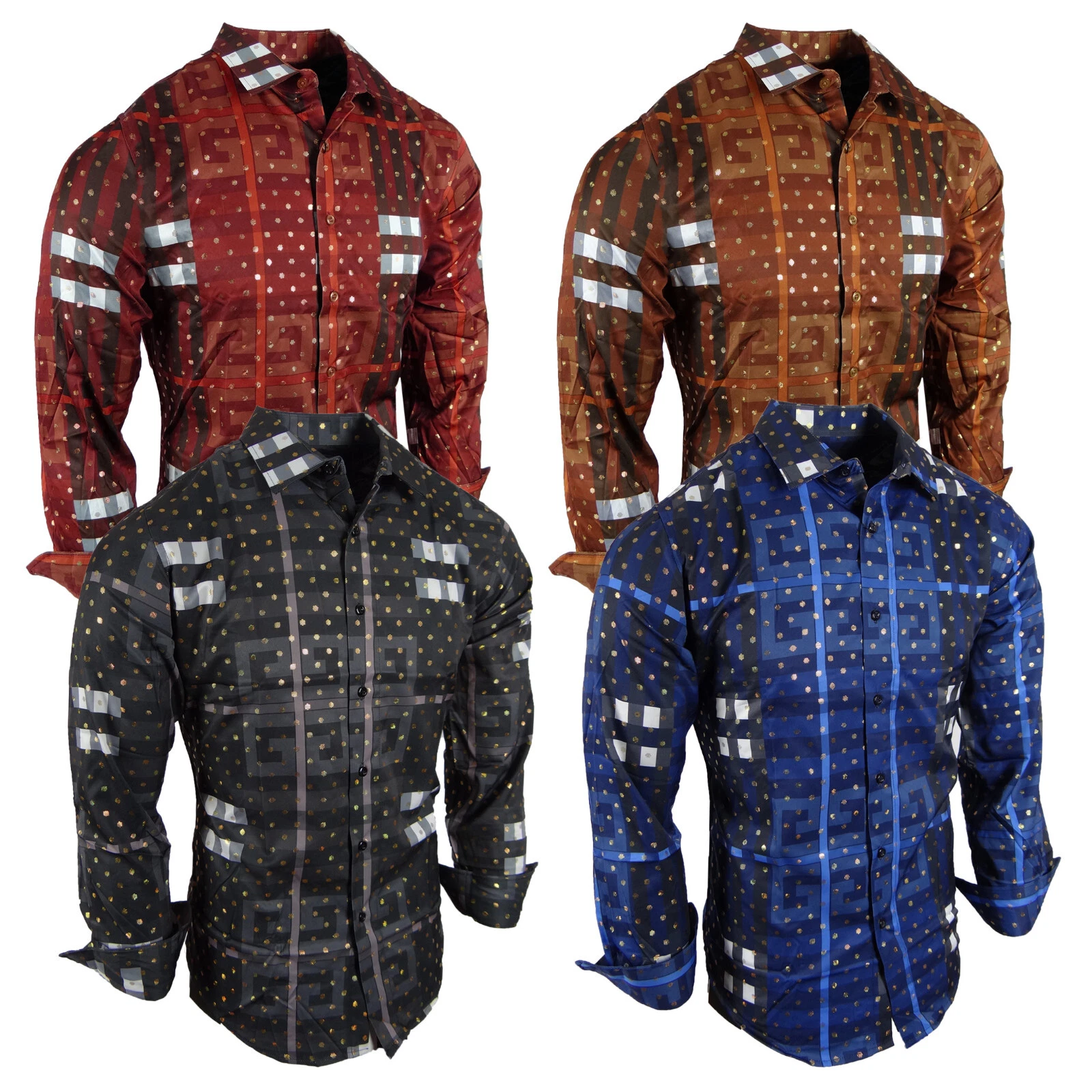 Mens Shirt Engineered Plaid Gold Foil Polka Dots Stretch Slim Fit Button Up