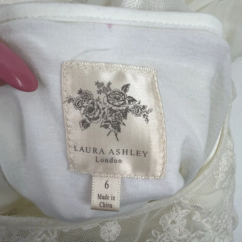 Laura Ashley Girls Size 6 Dress Ivory Embroidered Overlay Midi Short Cap Sleeve - Image 3 of 4