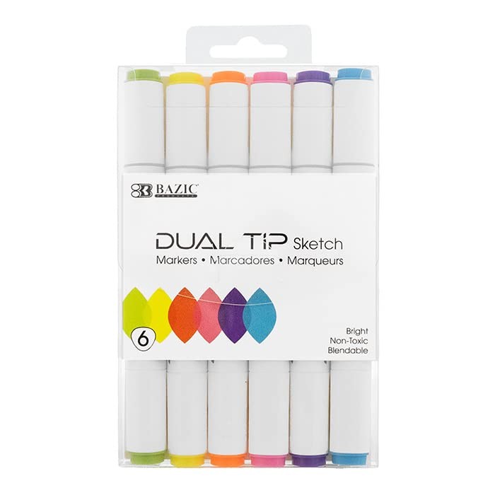 BAZIC Double-Tip Alcohol Brush Markers, 6 Neon Colors, Brush