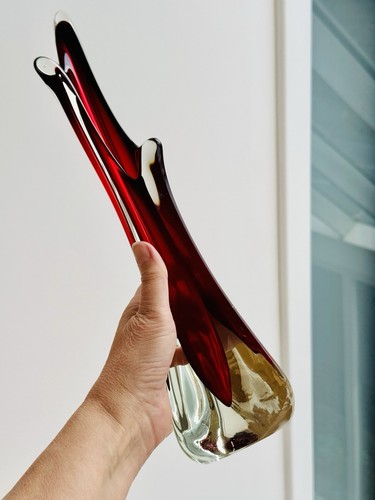 Vintage Three Finger Swung Art Glass Vase, Red Cased in Clear, Polished Bottom - Picture 4 of 20