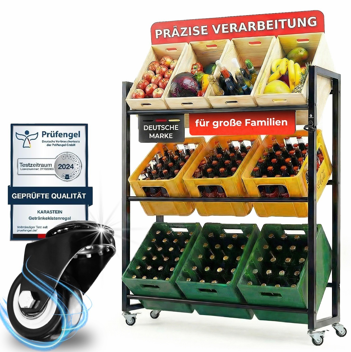 Getränkekistenregal für 6 Kisten – stabiles Metallregal mit Rollen – platzsparen