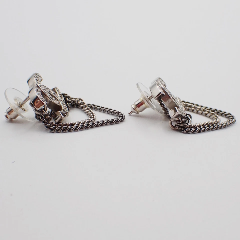 CHANEL CC Logo Rhinestone Chain Piercing Earring A21B Silver France 34RF633 - Image 3 of 4