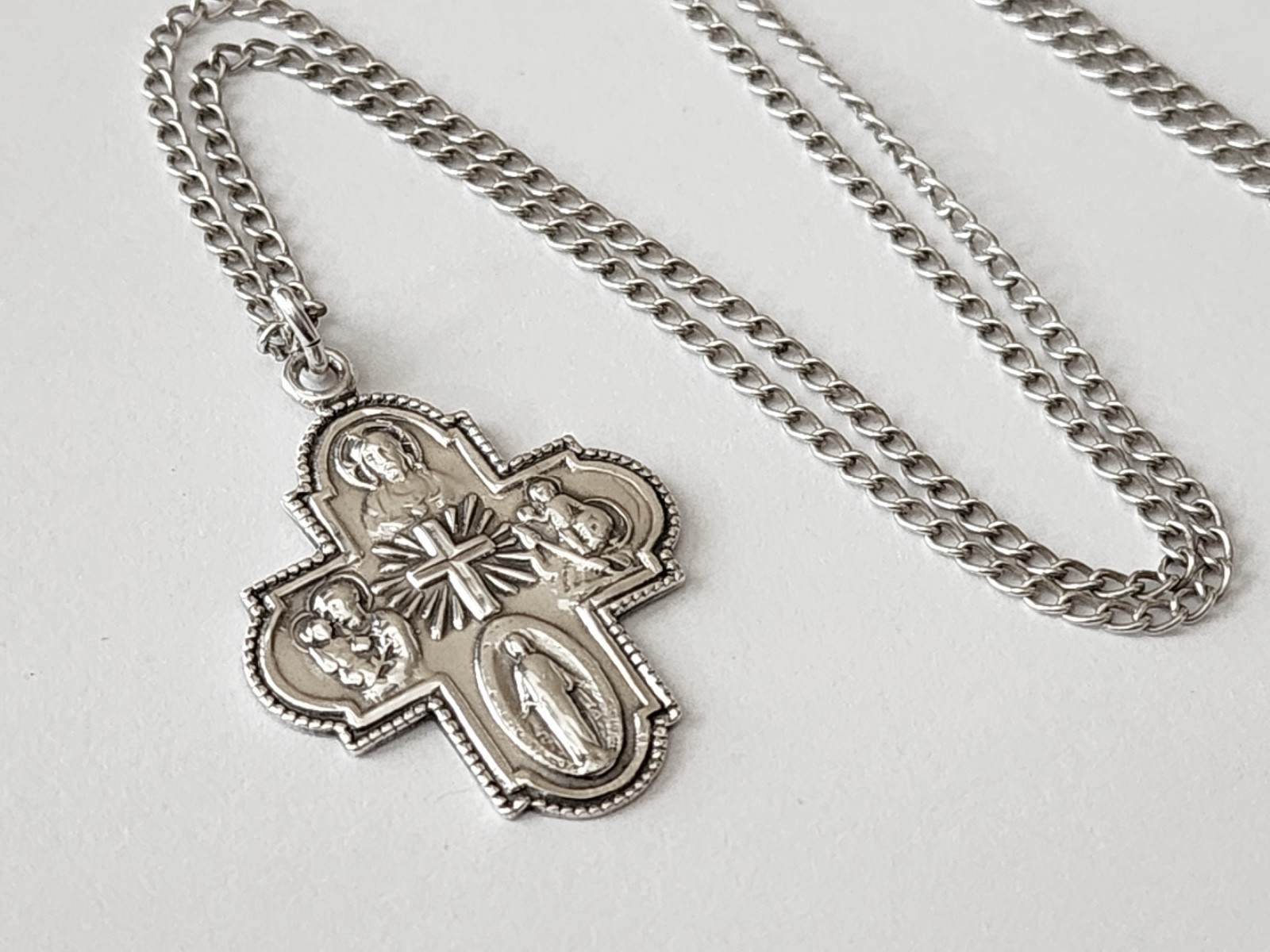 Vintage Sterling Silver Four-Way Medal Necklace Catholic Crucifix 24" Chain