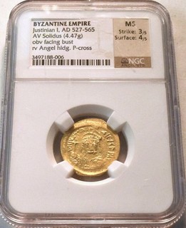 Byzantine Empire Ancient Justinian I NGC MS Uncirculated Gold AV Solidus 527 565
