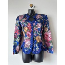 Vintage 80s Floral Tapestry Jacket Blue Lace Trim Peplum Cottagecore Size 14