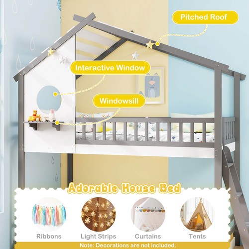 Twin over Twin House Bunk Bed with Roof Ladder & Full-length Guardrails for Kids - Picture 10 of 10