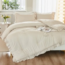 Litanika Queen Comforter Set Beige, 3 Pieces Ruffle Lightweight Bedding Comfo...