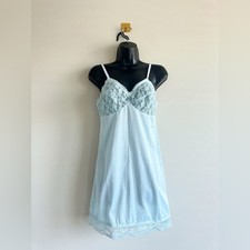 Vintage 1970's Baby Blue Lace Slip Dress Lingerie Size S Made in USA