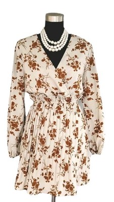 In The Style Dress 10 Brown Beige Fit Flare Pleated Ruffle V Neck Puff Sleeves M