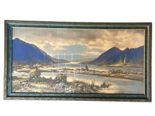 John Drescher Co. NY Lithograph Print under glass Mountain Landscape