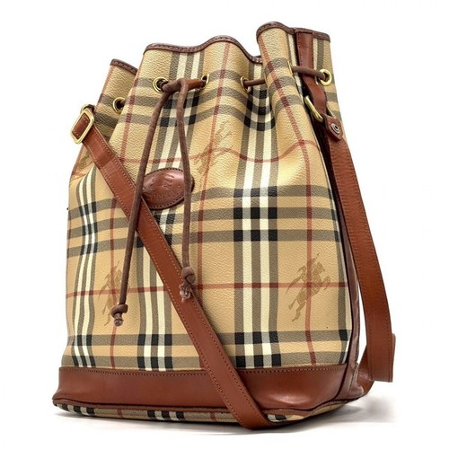 Burberry Nova Check Shadow Horse Brown PVC Leather Drawstring Shoulder Bag Auth