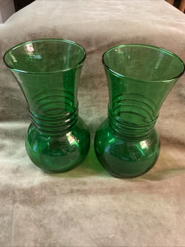 Vintage 1950s anchor hocking forest green glass small pineapple vase pair