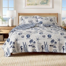 Full Queen Coastal Quilt Bedding Set Summer Nautical Reversible