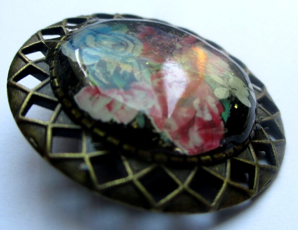 Broche Collection Bronze Doré Camée Fleur Sous Résine - Bijou 225 - Occasion Parfait état