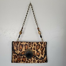 Maya Calf Hair Leopard Print Bag Clutch Gold Chain Strap Beaded Boho Western