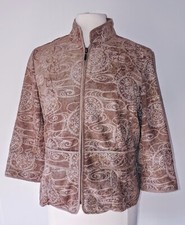 Coldwater Creek Size 10 Tan Embroidered Front Zip Jacket Blazer 3/4 Sleeve