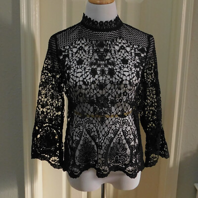 BOLD ELEMENTS Womens High Neck 3/4 Sleeve Lace Sheer Top Back Zip Med. NEW