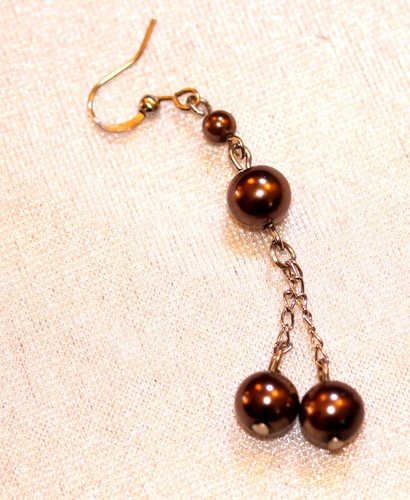 Vintage Unusual Metal Golden Brown Drop Fashion Earrings 1980' - Picture 2 of 3