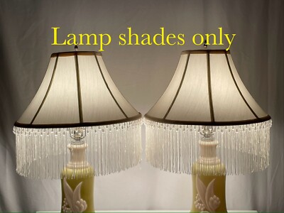 PAIR 16'' Vtg Victorian Art Deco Style Lamp Shades Off White Ivory Fringe & Beads