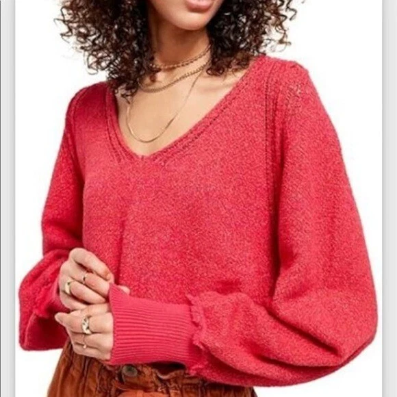 Free people Riptide V Neck Sweater hot pink S