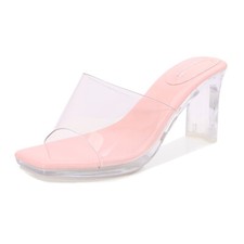 Women Crystal Clear High Heel PVC Mule Slide Sandals Dress Shoes Banquet Slipper