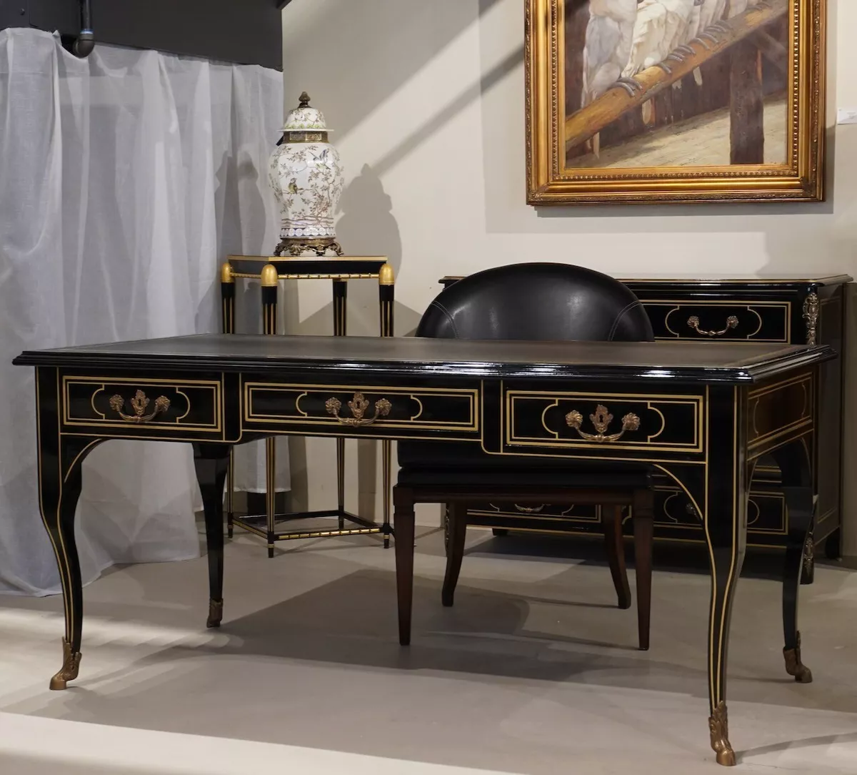 Stunning Louis XV Executive Writing Desk Black and Gold with