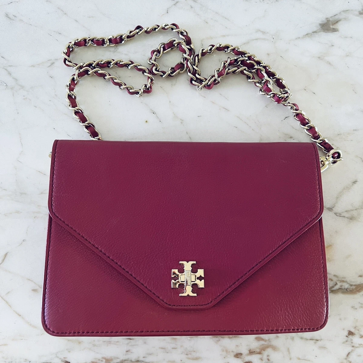 TORY BURCH Solid Maroon Purple Soft Leather Envelope Crossbody Bag