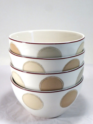 (4) Noritake 'Ambience' Mocha Java Soup Bowls White w/Tan Circles 6''