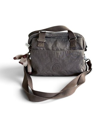Kipling Taupe Brown Nylon Satchel Crossbody Shoulder Bag with Monkey Keychain