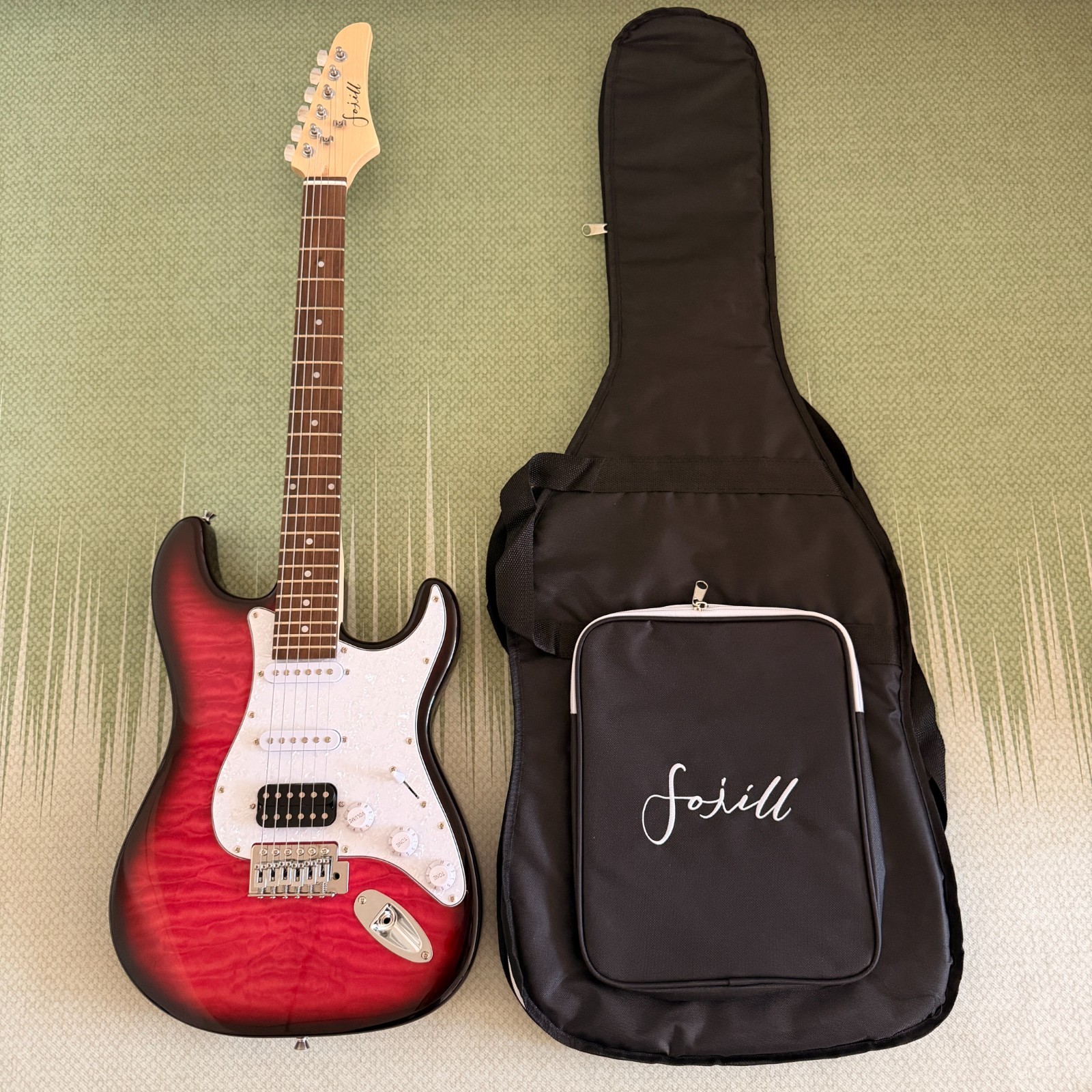 Fojill ST Style Electric Guitar Red‑Black Burst Quilted Maple Top HSS Pickups