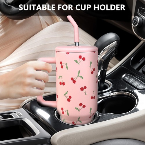 Bicchiere Ciliegio con Cannuccia e Coperchio Isolato Sottovuoto 40oz Acciaio Inox Rosa... - Foto 3 di 7