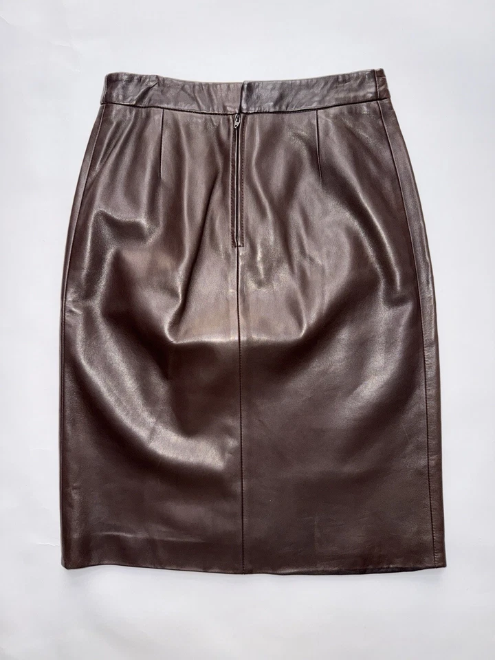 Vintage Calvin Klein Collection Fall 1999 Dark Brown Leather Pencil Skirt M - Image 4 of 4
