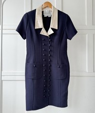 Vintage 1980s Oscar de la Renta Navy Wool Knit Dress Silk Collar Size Medium