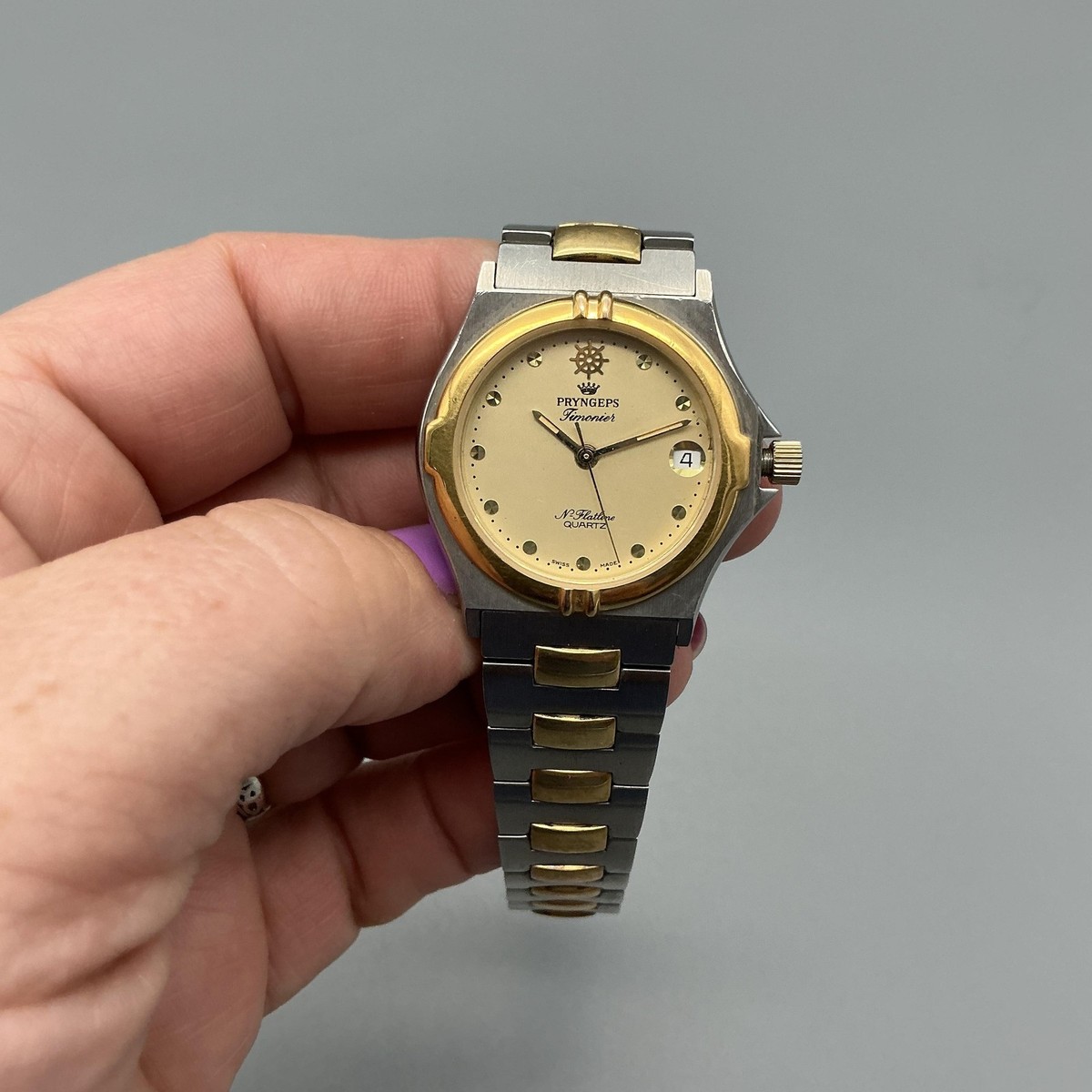Pryngeps Timonier N Flatline Watch 29mm Two Tone Date Swiss New Battery 7.25\