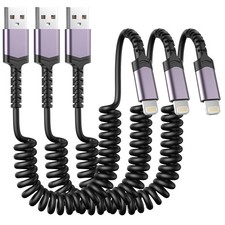 3 Pack Coiled Lightning Cable for Car MFi Certified 3 feet, Black