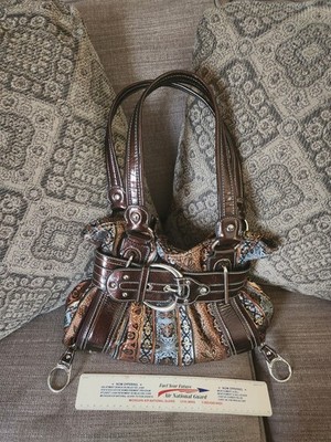 Kathy Van Zeeland Paisley Satchel Top Handle Brown/Blue Zip Buckle Charm Pockets