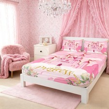 Princess Theme Fitted Full Size,Pink Castle Dreamy Bedding Set with Deep Pock...