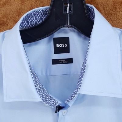 HUGO BOSS Dress Shirt Mens Size 14.5 Solid Blue Geo Contrast HANK KENT $138