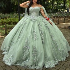 Glitter Green Beaded Quinceanera Ball Gown Off Shoulder Lace Appliques with Bow