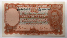 ND (1939) Issue Australia 10 Shillings Banknote Pick# 25a VF+/EF